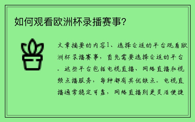 如何观看欧洲杯录播赛事？