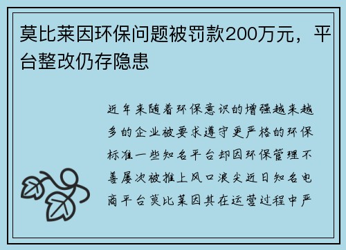 莫比莱因环保问题被罚款200万元，平台整改仍存隐患