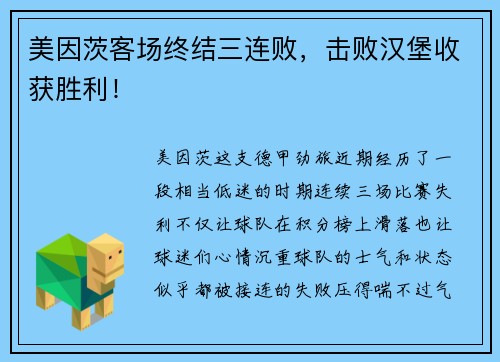 美因茨客场终结三连败，击败汉堡收获胜利！